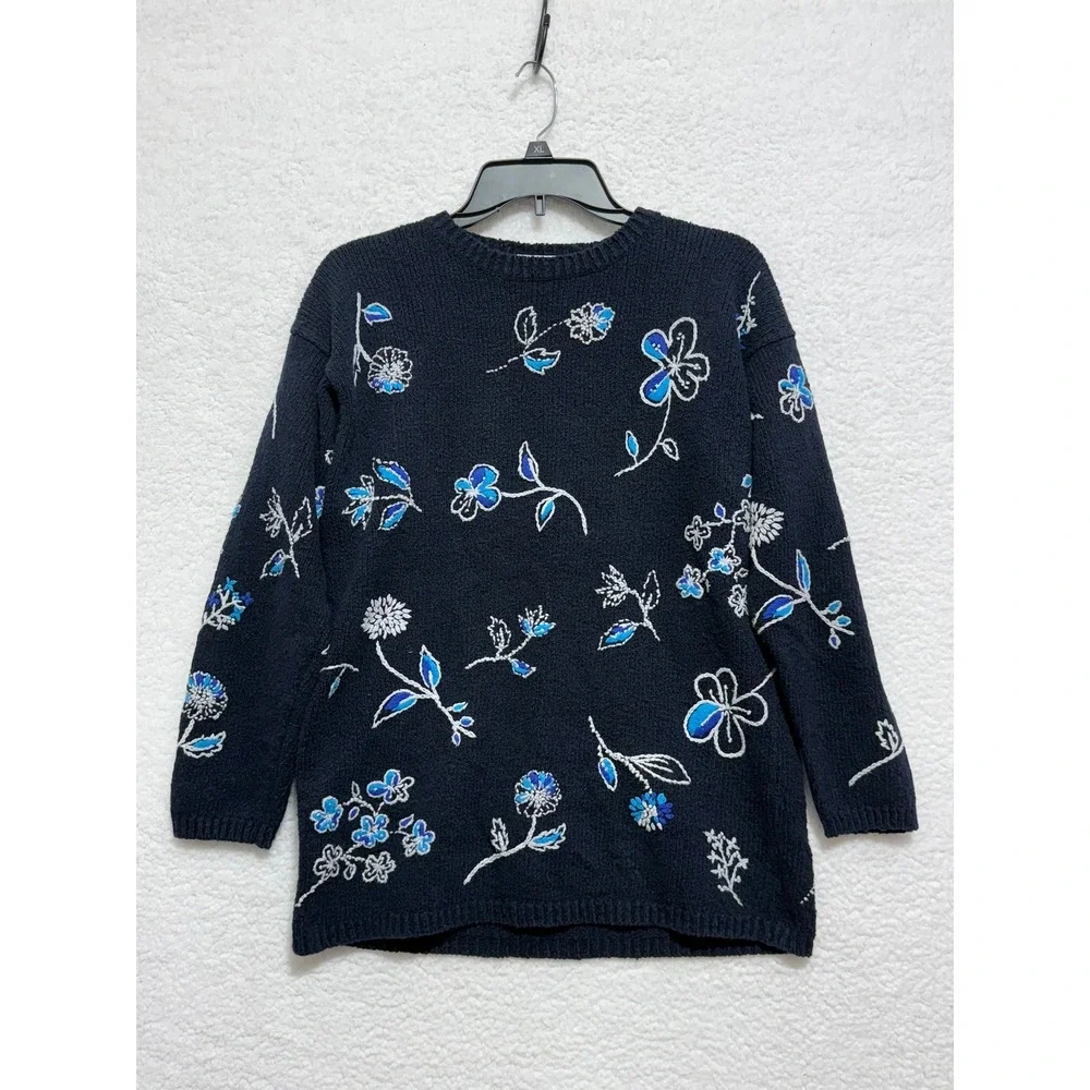 Laura Ashley Womens Floral Knit Sweater Navy Blue Cotton Blend Small‎